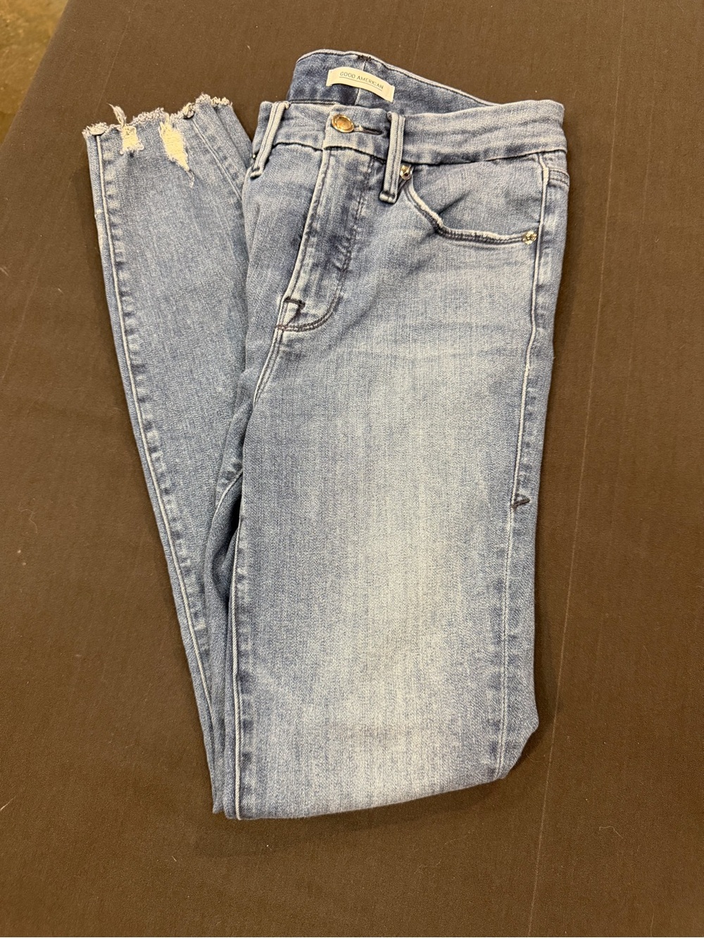 Good American Good Waist Skinny Jeans Size 2/26 Distressed Raw Hem Blue